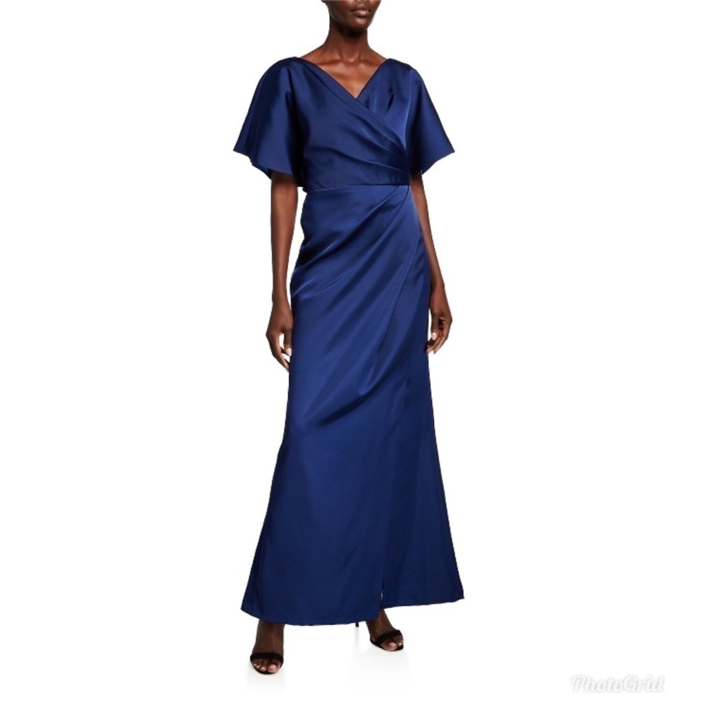 JS Collections Faux Wrap Bonded Satin Navy Gown 2